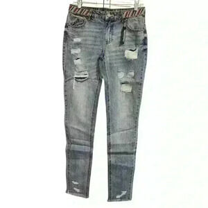 Alloy Apparel Distressed Beaded Tall Frayed Hem Five Pocket Style Blue Jeans